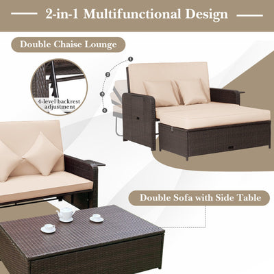 3-in-1 Multifunctional Sofa Set Patio Rattan Daybed Patiojoy Wicker Loveseat with Multipurpose Ottoman and Retractable Side Tray