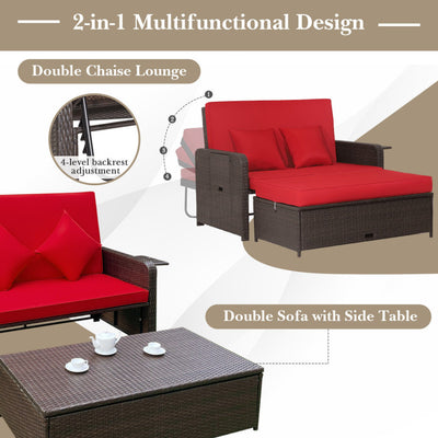 3-in-1 Multifunctional Sofa Set Patio Rattan Daybed Patiojoy Wicker Loveseat with Multipurpose Ottoman and Retractable Side Tray