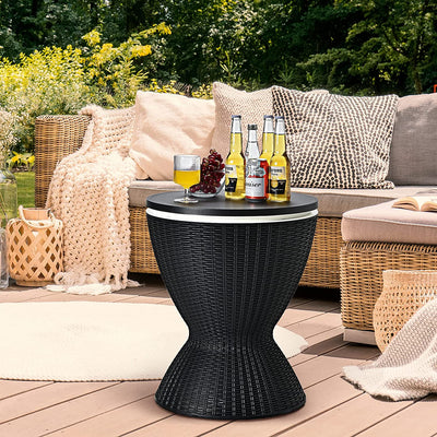 3-in-1 Outdoor Height Adjustable Cocktail Table Rattan Patio Cool Bar Table 8 Gallon Beer and Wine Cooler with Drainage Plug