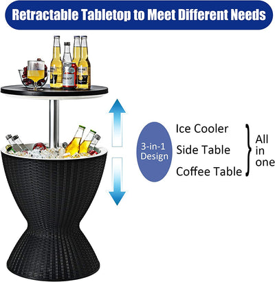 3-in-1 Outdoor Height Adjustable Cocktail Table Rattan Patio Cool Bar Table 8 Gallon Beer and Wine Cooler with Drainage Plug