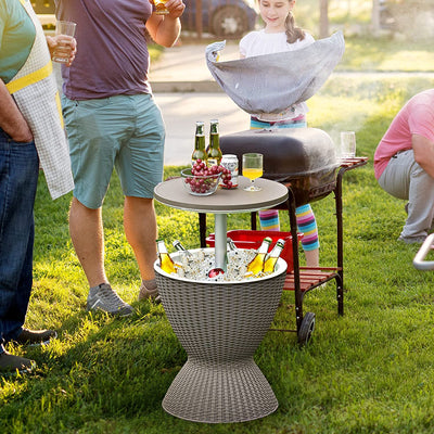 3-in-1 Outdoor Height Adjustable Cocktail Table Rattan Patio Cool Bar Table 8 Gallon Beer and Wine Cooler with Drainage Plug