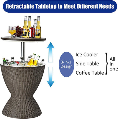 3-in-1 Outdoor Height Adjustable Cocktail Table Rattan Patio Cool Bar Table 8 Gallon Beer and Wine Cooler with Drainage Plug