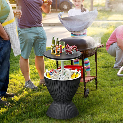 3-in-1 Outdoor Height Adjustable Cocktail Table Rattan Patio Cool Bar Table 8 Gallon Beer and Wine Cooler with Drainage Plug