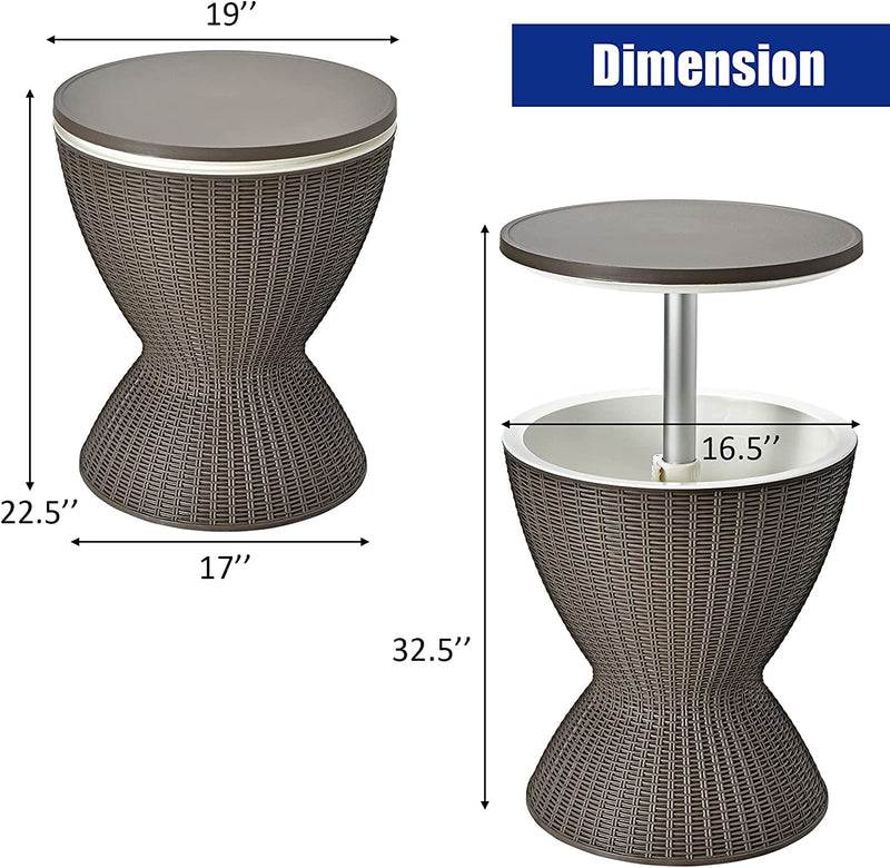 3-in-1 Outdoor Height Adjustable Cocktail Table Rattan Patio Cool Bar Table 8 Gallon Beer and Wine Cooler with Drainage Plug