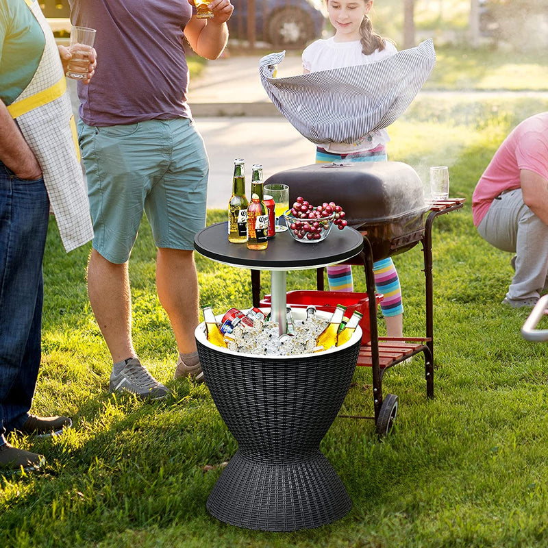 3-in-1 Outdoor Height Adjustable Cocktail Table Rattan Patio Cool Bar Table 8 Gallon Beer and Wine Cooler with Drainage Plug