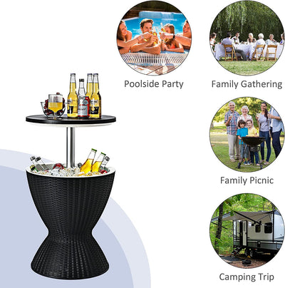 3-in-1 Outdoor Height Adjustable Cocktail Table Rattan Patio Cool Bar Table 8 Gallon Beer and Wine Cooler with Drainage Plug