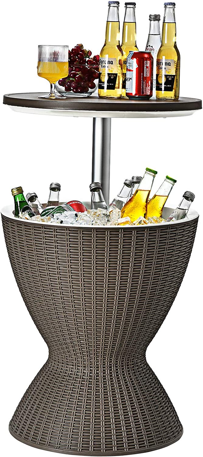 3-in-1 Outdoor Height Adjustable Cocktail Table Rattan Patio Cool Bar Table 8 Gallon Beer and Wine Cooler with Drainage Plug