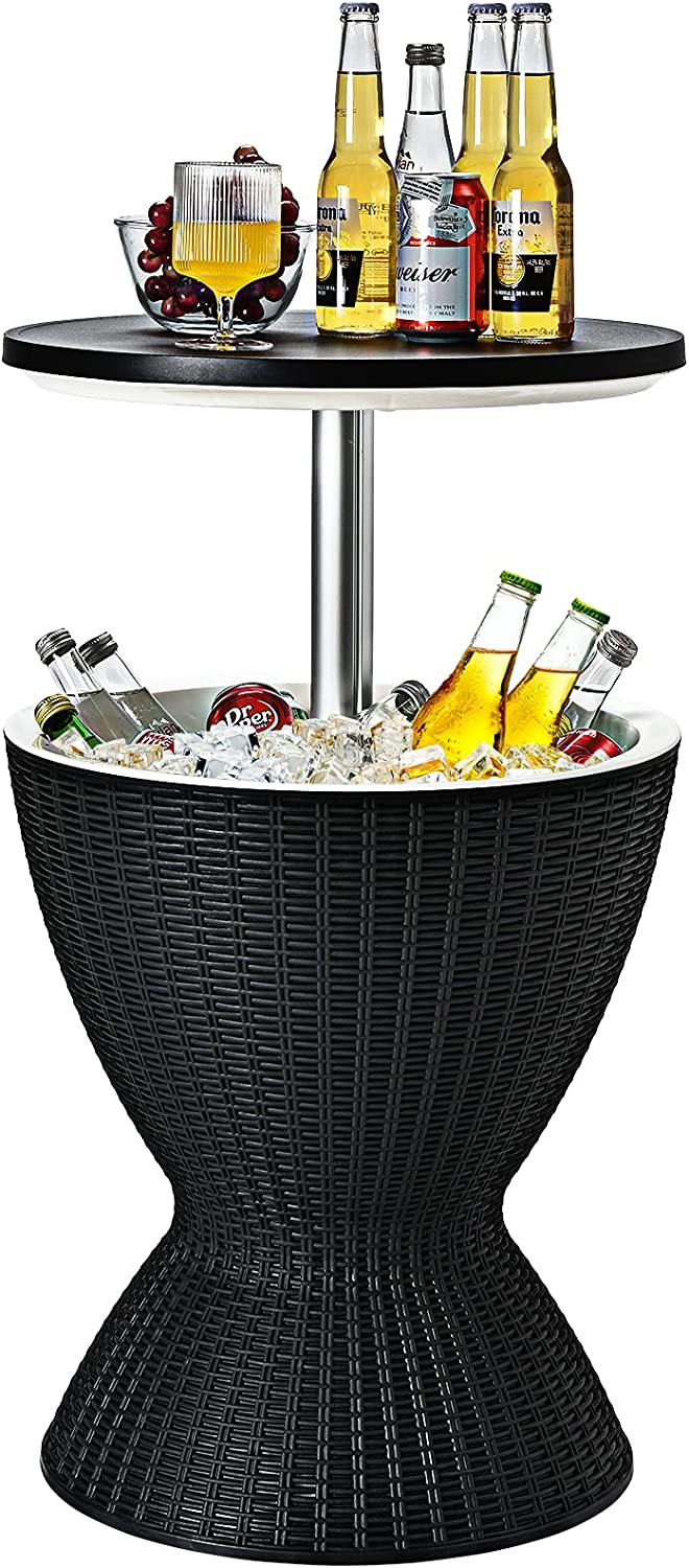 3-in-1 Outdoor Height Adjustable Cocktail Table Rattan Patio Cool Bar Table 8 Gallon Beer and Wine Cooler with Drainage Plug