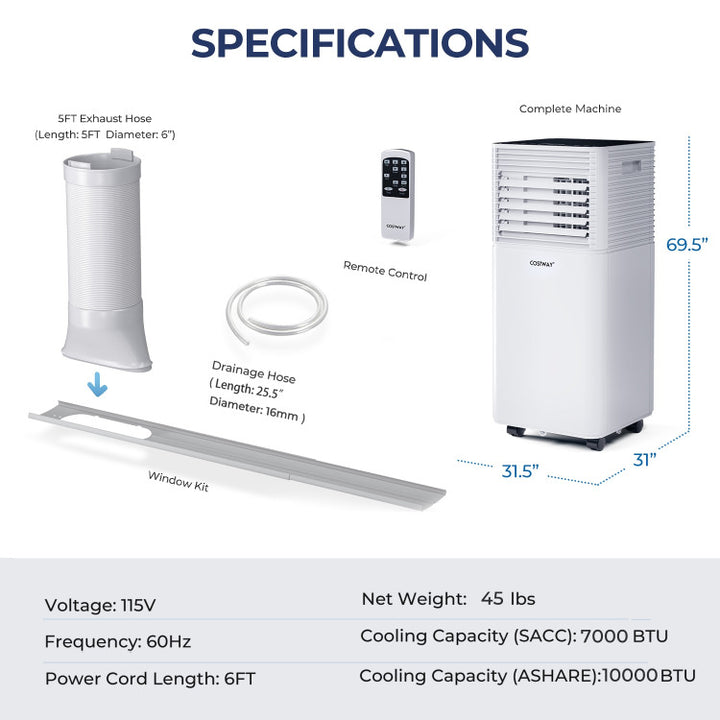 3-in-1 Portable Air Conditioner 10000 BTU AC Unit Air Cooler with Remote Control and 1-24 Hours Timer