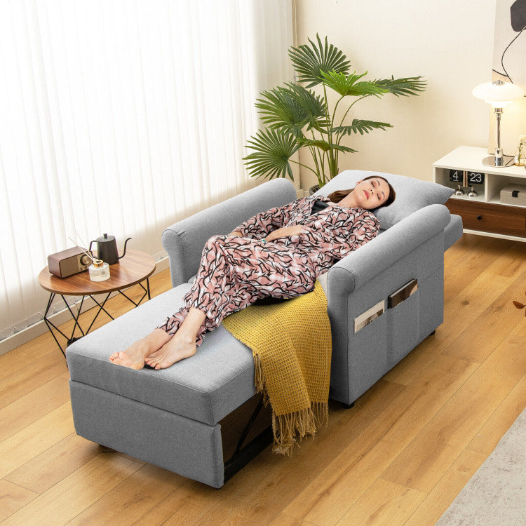 3-in-1 Pull-out Convertible Sleeper Chair Sofa Bed Adjustable Single Armchair with Side Pockets