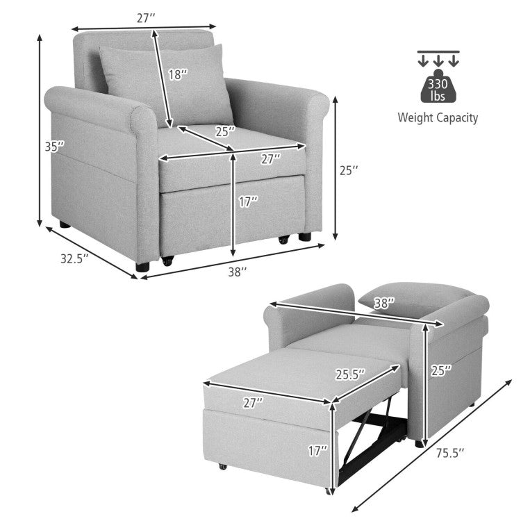 3-in-1 Pull-out Convertible Sleeper Chair Sofa Bed Adjustable Single Armchair with Side Pockets