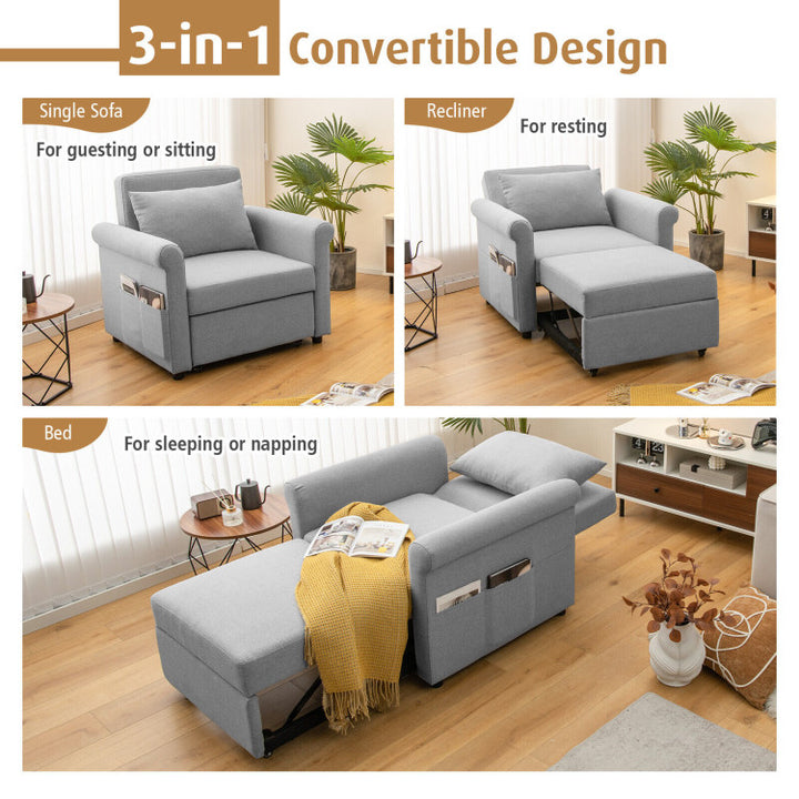 3-in-1 Pull-out Convertible Sleeper Chair Sofa Bed Adjustable Single Armchair with Side Pockets