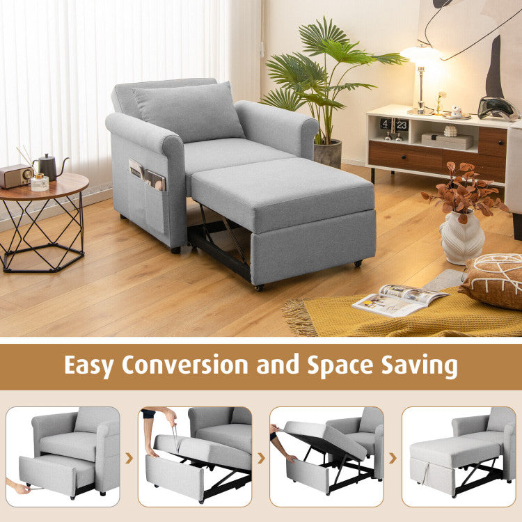 3-in-1 Pull-out Convertible Sleeper Chair Sofa Bed Adjustable Single Armchair with Side Pockets