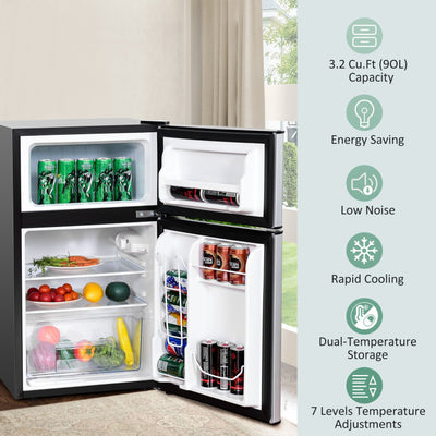 3.2 cu ft. Stainless Steel Compact Refrigerator 2-Door Mini Freezer Cooler Fridge with Removable Glass Shelves