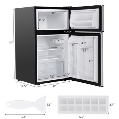 3.2 cu ft. Stainless Steel Compact Refrigerator 2-Door Mini Freezer Cooler Fridge with Removable Glass Shelves