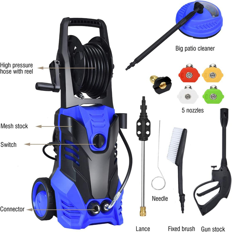 3000PSI Electric Pressure Washer 2.0 GPM Portable High Power Washer with 5 Nozzles and Hose Reel