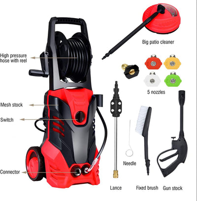 3000PSI Electric Pressure Washer 2.0 GPM Portable High Power Washer with 5 Nozzles and Hose Reel