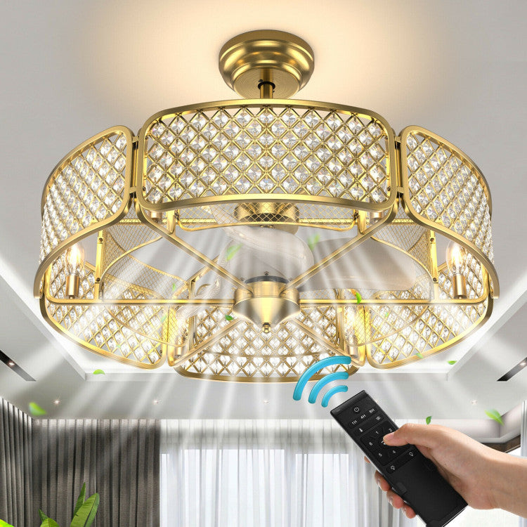 30 Inch Caged Ceiling Fan 3-In-1 Vintage Indoor Crystal Chandelier Fan with Light and Remote Control