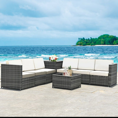 8 Pcs Wicker Sofa Rattan Dinning Set with Storage Table