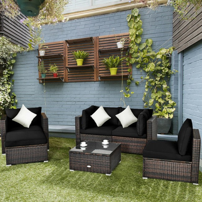 6 Pieces Patio Rattan Furniture Set with Sectional Cushion