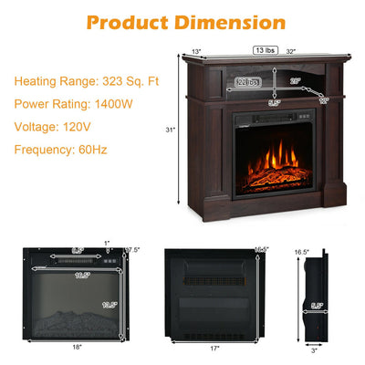 32 Inch Electric Fireplace Mantle 1400W Freestanding TV Stand Heater with Remote Control and Adjustable Brightness