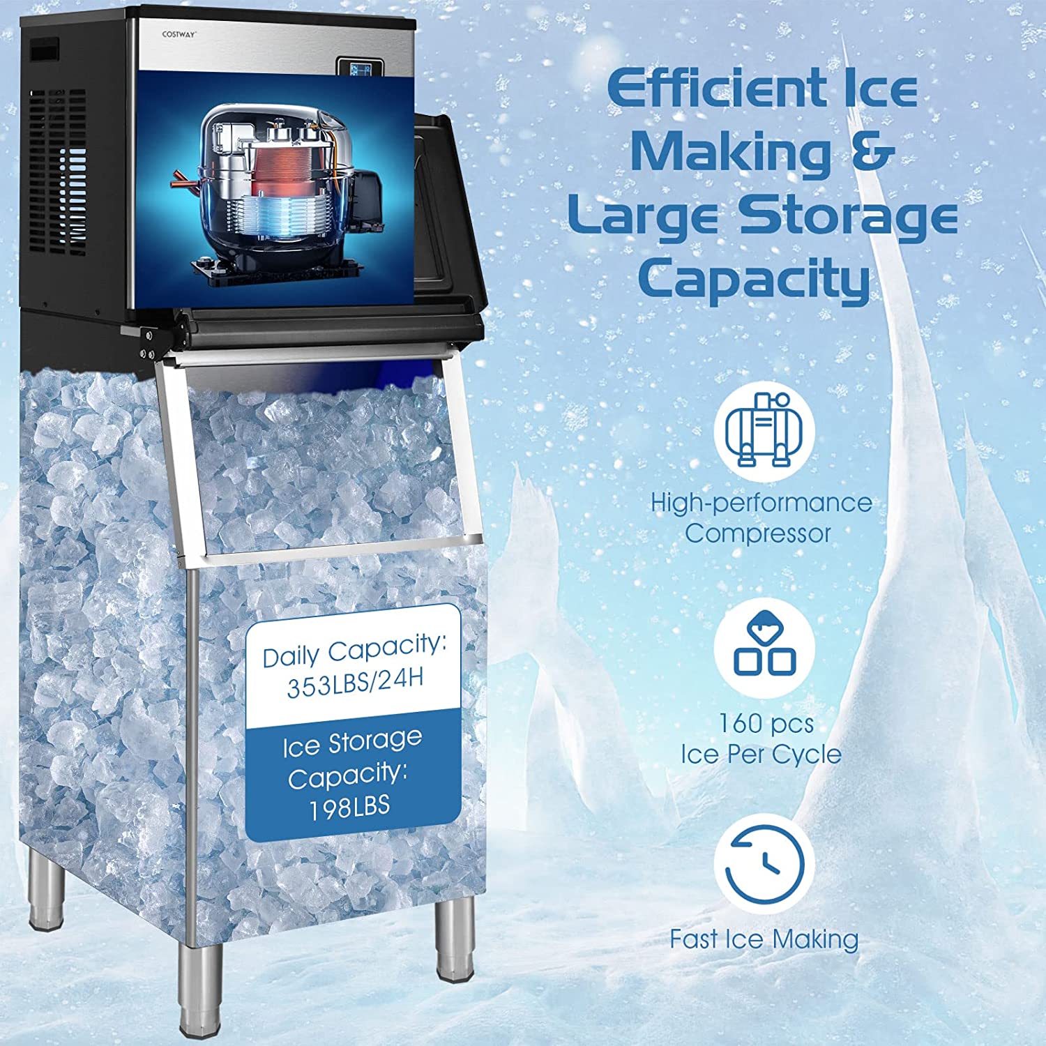 353LBS/24H Split Commercial Ice Maker with 198 LBS Storage Bin - Costway