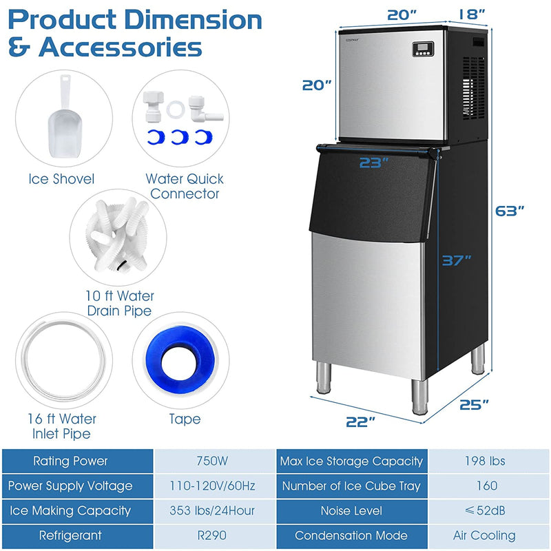 353LBS/24H Split Commercial Ice Maker Full-Automatic Vertical Industrial Modular Ice Machine with 198 LBS Storage Bin