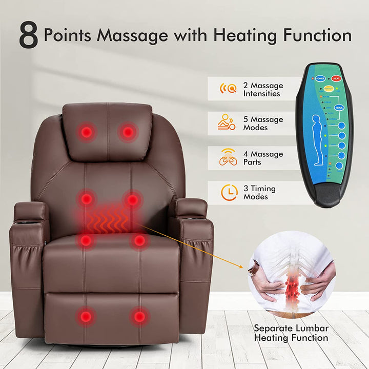 360 Degree Swivel Massage Recliner Chair Leather Glider Rocker Lounge Chair with Remote Control and Lumbar Heating for Nursery