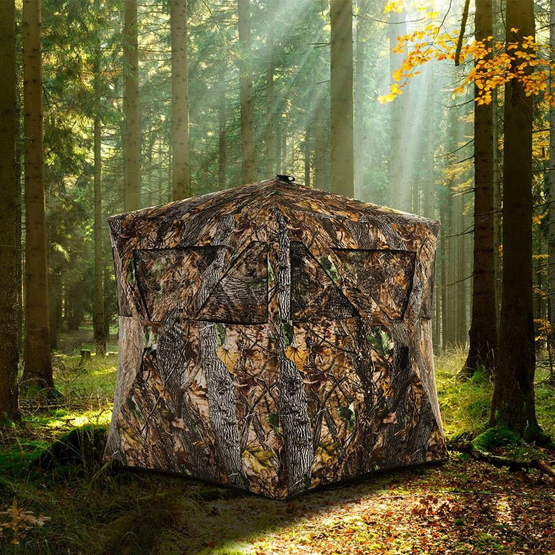 3 Person Pop up Ground Camo Deer Blind Portable Camouflage Hunting Blind Tent with 360 Degree Mesh Windows Carrying Bag