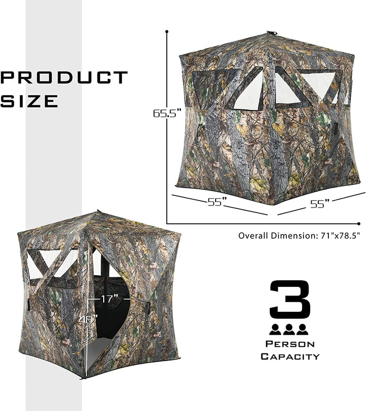 3 Person Pop up Ground Camo Deer Blind Portable Camouflage Hunting Blind Tent with 360 Degree Mesh Windows Carrying Bag