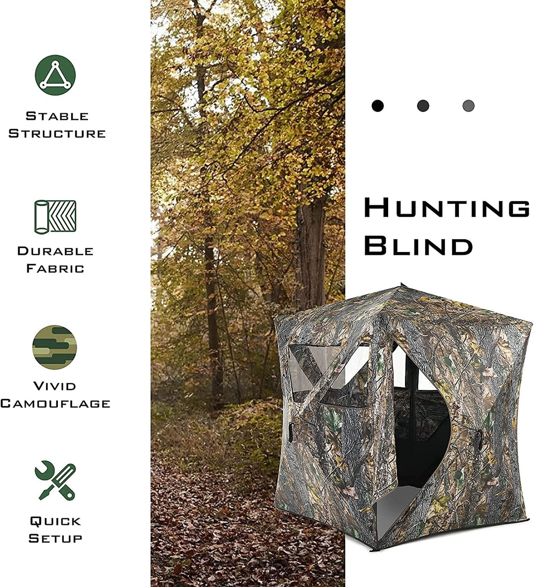 3 Person Pop up Ground Camo Deer Blind Portable Camouflage Hunting Blind Tent with 360 Degree Mesh Windows Carrying Bag