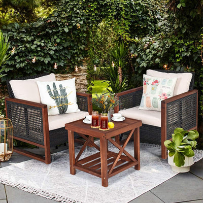 3 Pieces Outdoor Rattan Furniture Set Patio Sofa Conversation Bistro Set with Coffee Table and Washable Cushion