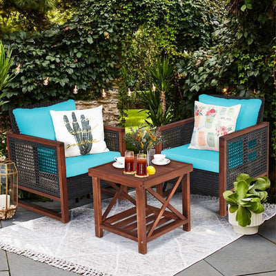 3 Pieces Outdoor Rattan Furniture Set Patio Sofa Conversation Bistro Set with Coffee Table and Washable Cushion