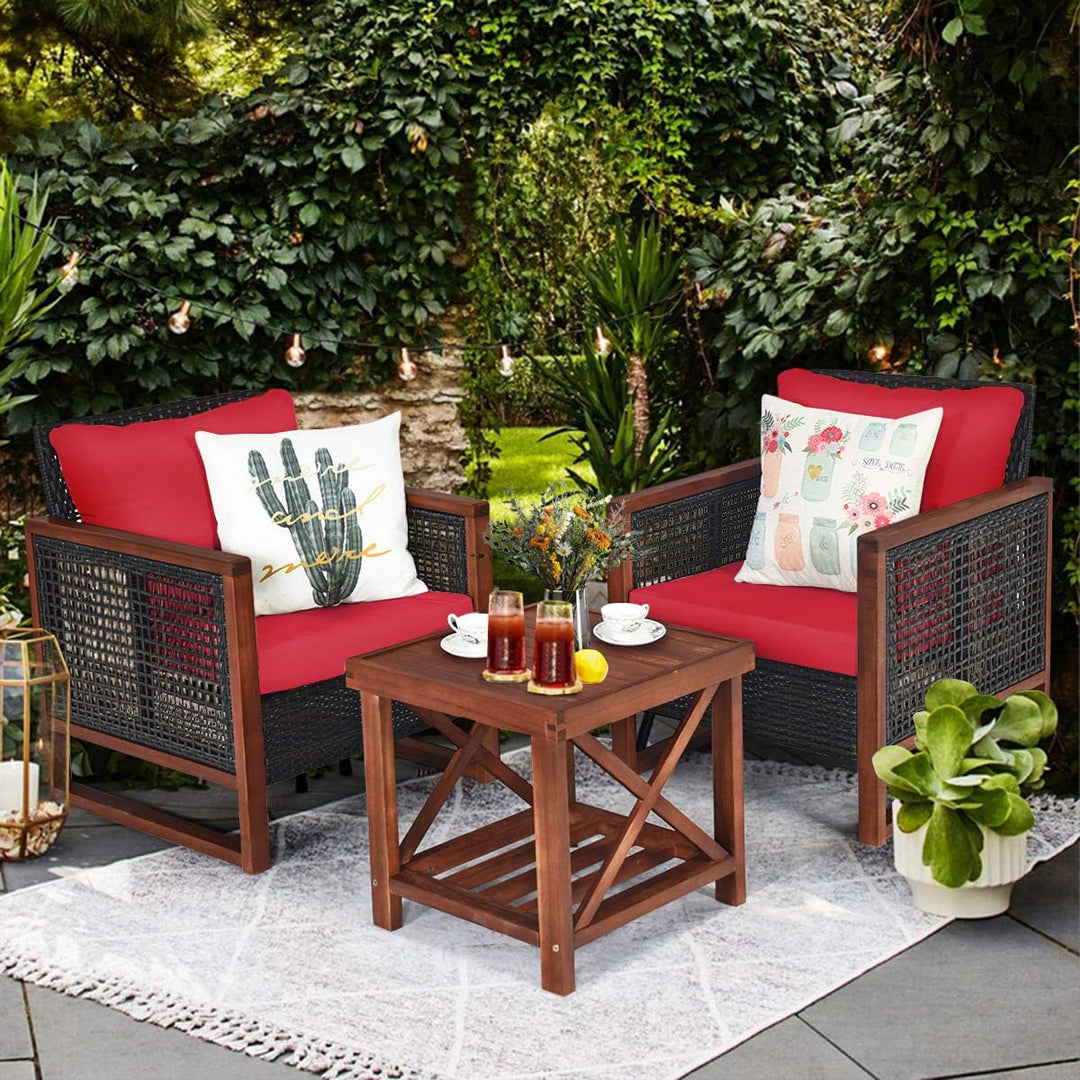 3 Pieces Outdoor Rattan Furniture Set Patio Sofa Conversation Bistro Set with Coffee Table and Washable Cushion