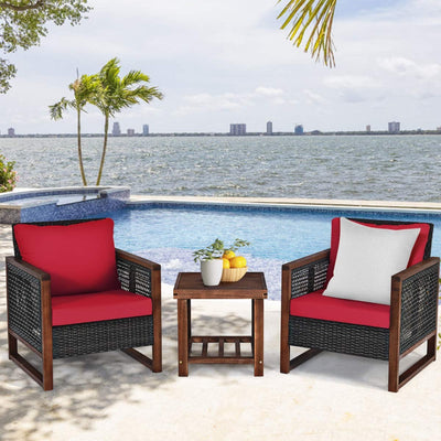 3 Pieces Outdoor Rattan Furniture Set Patio Sofa Conversation Bistro Set with Coffee Table and Washable Cushion