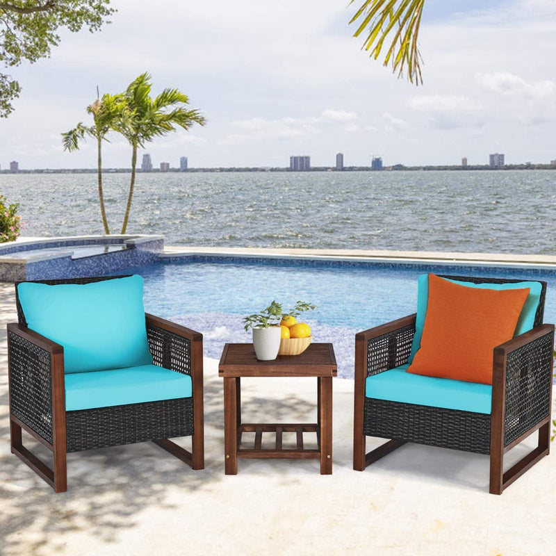3 Pieces Outdoor Rattan Furniture Set Patio Sofa Conversation Bistro Set with Coffee Table and Washable Cushion