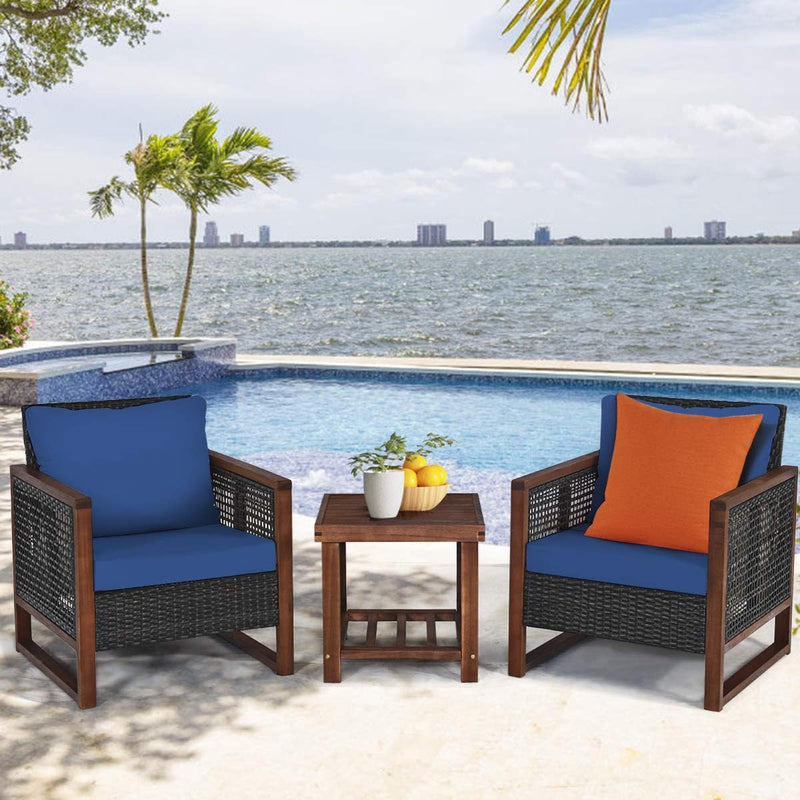 3 Pieces Outdoor Rattan Furniture Set Patio Sofa Conversation Bistro Set with Coffee Table and Washable Cushion