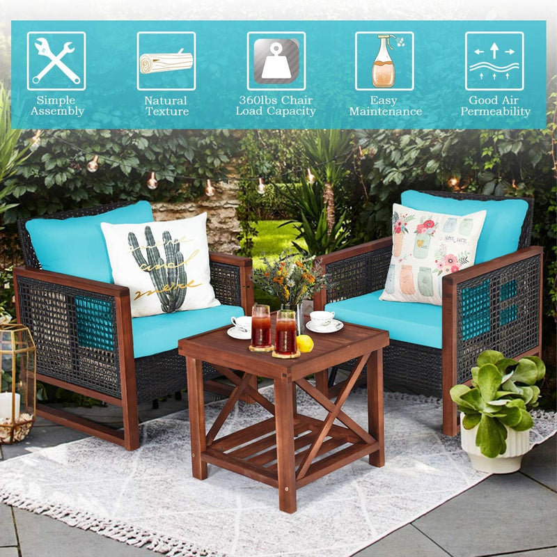 3 Pieces Outdoor Rattan Furniture Set Patio Sofa Conversation Bistro Set with Coffee Table and Washable Cushion