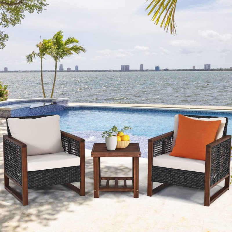 3 Pieces Outdoor Rattan Furniture Set Patio Sofa Conversation Bistro Set with Coffee Table and Washable Cushion