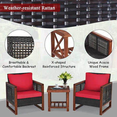 3 Pieces Outdoor Rattan Furniture Set Patio Sofa Conversation Bistro Set with Coffee Table and Washable Cushion