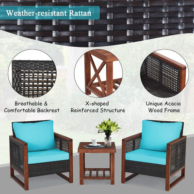 3 Pieces Outdoor Rattan Furniture Set Patio Sofa Conversation Bistro Set with Coffee Table and Washable Cushion