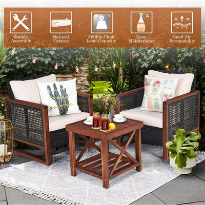 3 Pieces Outdoor Rattan Furniture Set Patio Sofa Conversation Bistro Set with Coffee Table and Washable Cushion