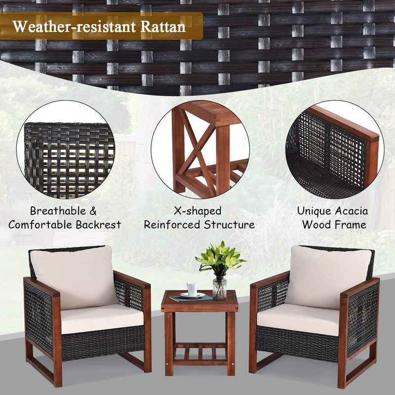 3 Pieces Outdoor Rattan Furniture Set Patio Sofa Conversation Bistro Set with Coffee Table and Washable Cushion