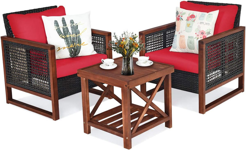 3 Pieces Outdoor Rattan Furniture Set Patio Sofa Conversation Bistro Set with Coffee Table and Washable Cushion