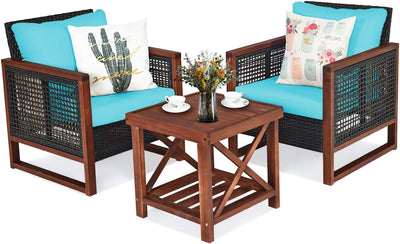 3 Pieces Outdoor Rattan Furniture Set Patio Sofa Conversation Bistro Set with Coffee Table and Washable Cushion