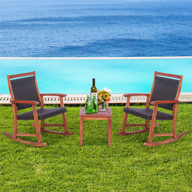 3 Pieces Outdoor Rocking Chair Set Patio Acacia Wood Rocker Bistro Set with Side Table