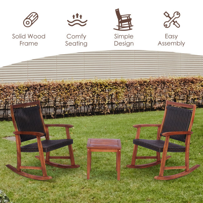 3 Pieces Outdoor Rocking Chair Set Patio Acacia Wood Rocker Bistro Set with Side Table
