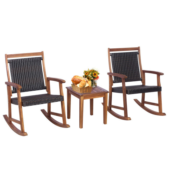 3 Pieces Outdoor Rocking Chair Set Patio Acacia Wood Rocker Bistro Set with Side Table
