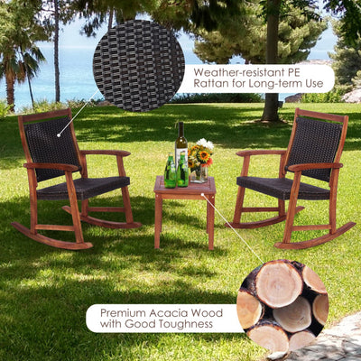 3 Pieces Outdoor Rocking Chair Set Patio Acacia Wood Rocker Bistro Set with Side Table