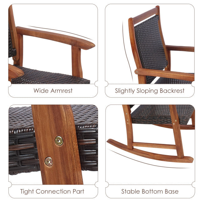 3 Pieces Outdoor Rocking Chair Set Patio Acacia Wood Rocker Bistro Set with Side Table